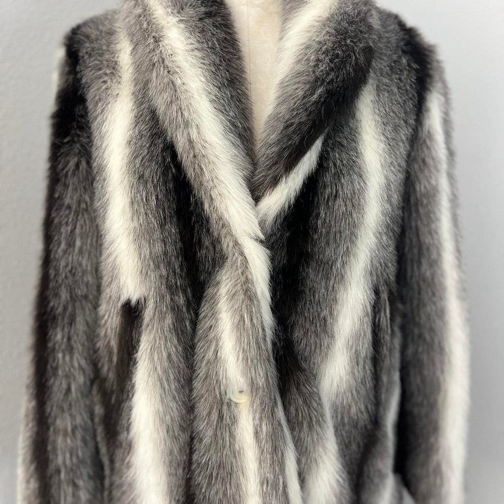 Vintage 90s Hud Black White & Gray Faux Fur Coat - Size L - Picture 5 of 6